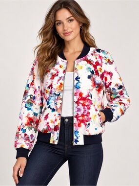 White Floral Blazer with Multicolor Print